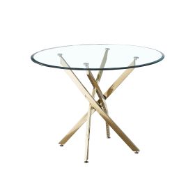 Contemporary Round Clear Dining Tempered Glass Table with Gold Finish Stainless Steel Legs