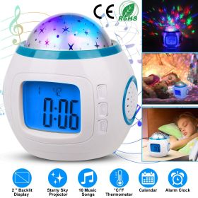 Kids Music Star Sky LED Projection Lamp Digital Alarm Clock Thermometer Calendar Lights