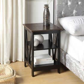 conifferism Wood Small End Table with 3-Tiered Shelves for Storage, Narrow Night Stands for Bedrooms, Industrial Wooden Chairside Table with Black V S