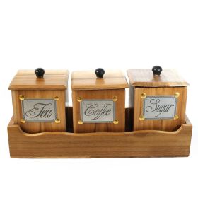 WILLART Handcrafted Teak Wood Antique Look Tea Coffee Sugar 3 Container Set in Wooden Tray â€šÃ„Ã¬ Container with Lids (Dimension : 13.50 x 5.50 x 6 Inch)