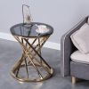 Set of 1 Round Glass Top Side Table for Living Room- Black Grey Tempered Glass & Gold Stainless Steel Frame; 19.5" Modern Spiral Center Table Small Co