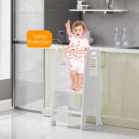 Kid's Wooden Kitchen Step Stool, Adjustable Platform Standing Tower, with Safety Guardrail Child Studying Tower, Toddler Stool for Bathroom, Cooking H (Color: White)