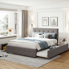 Upholstered Platform Bed with 2 Drawers and 1 Twin XL Trundle;  Linen Fabric;  Queen Size (Color: Light Gray)