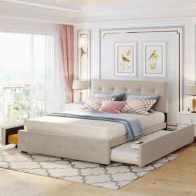 Upholstered Platform Bed with 2 Drawers and 1 Twin XL Trundle;  Linen Fabric;  Queen Size (Color: Beige)