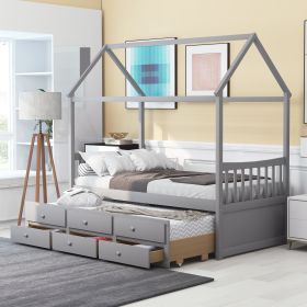 Twin size Wooden House Bed with Trundle and 3 Storage Drawers (Color: Gray)